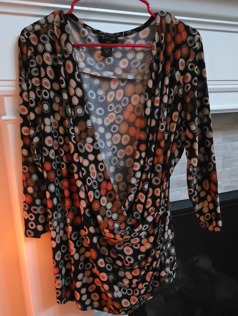 Attyre Black Wrap Blouse with Orange, Tan and White Dot Pattern